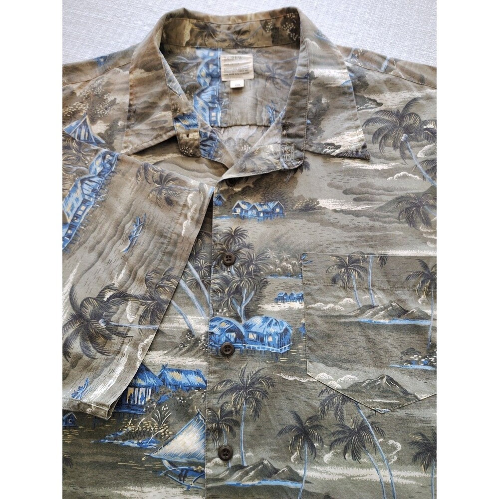 Vintage J Crew Shirt Mens XXL Green Hawaiian Palm Trees Canoe Grandpacore